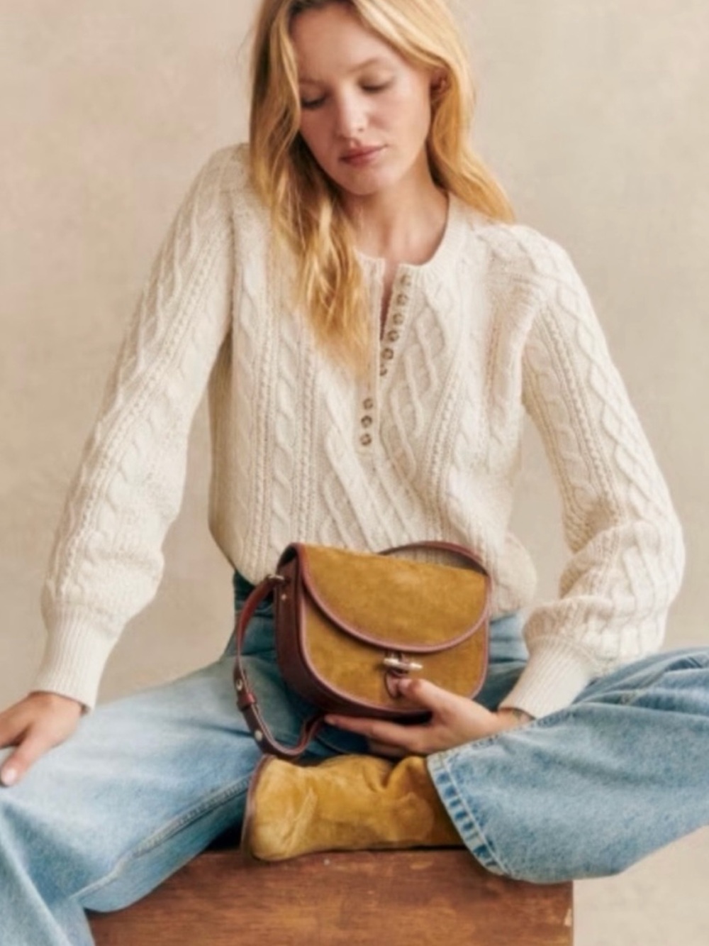 Sézane bree cable knit sweater Jumper in Cream, Size Large, 100% Cotton